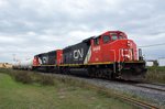 Kanada / Québec: Canadian National Railway (CN): Lok 9449 (Loktyp: GP40-2LW) sowie Lok 9592 (Loktyp: GP40-2LW) der Canadian National Railway, aufgenommen im September 2014 im Industriegebiet von Matane (Bahnstreckenende bzw. Eisenbahnfährverbindung nach Baie-Comeau).