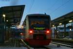 VT 240 der HzL als HzL85875 (Br�unlingen Bahnhof-Blumberg-Zollhaus) in Donaueschingen ...