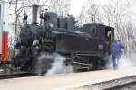 Kindereisenbahn Budapest 490.039 wartet am 27.Feb.2010 mit Zug 362 im Janos-Hegy auf die Kreuzung mit Zug 135.