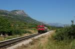 Unerwarteterweise verkehren rund um Knin derzeit vorwiegend saubere Triebwagen. So auch der 7122 010, der als P 8410 (Split - Katel Stari) soeben in den Endbahnhof einfhrt. 23.07.2013