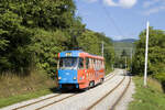 Am 5. September 2021 ist Tatra T4YU 416 als Linie 15, Kurs 01 bei Gračanske stube in Richtung Mihaljevac unterwegs. 