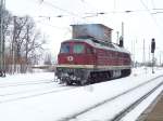 leipziger-eisenbahnverkehrsunternehmen-leg Die 232 004-2 der LEG bei der Durchfahrt durch Passow in Richtung Stettin am 15.02.2010