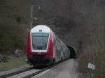 Doppelstock-Interregio nach Luxemburg durchfhrt einen der Tunnel bei Michelau, 6.4.2013