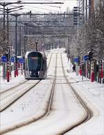 Die verschneite Tramstrecke in Luxembourg-Kirchberg eignete perfekt fr einen Teleschuss von einem CAF Urbos von LUXTRAM S.A., welcher am 31.01.2019 die Avenue John F.