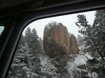 Manitou and Pikes Peak Railway Auf der Fahrt im Doppeltriebwagen 25: Blick aus dem Fenster im unteren Abschnitt, 19.M�rz 2010.
