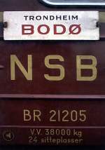 Beschriftung unseres NSB-Sitzplatz-Wagens fr die Fahrt von Trondheim nach Bod.