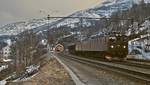 Mit einem beladenen Erzzug aus Kiruna rollt die SJ-Dm3 984-983-982 Mitte Mai 1988 durch den Bahnhof Straumsnes hinunter nach Narvik