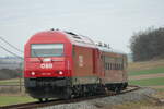 Am 23.2.2023 fuhr der ÖBB Railchecker 99-75 100 über das Schweinbarther Kreuz. Hier kurz nach Verlassen des Bahnhofs Groß Schweinbarth  geschoben von 2016 029 mit der Zugnummer 94911. 