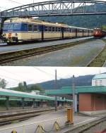 4030.316 und 2095.07 im August 1982 im Bahnhof Bregenz. Die Bregenzerwaldbahn verkehrte zu diesem Zeitpunkt nur noch bis Kennelbach, der Abschnitt bis Bezau war bereits 1980 nach mehreren Hangrutschungen eingestellt worden. 1983 wurde auch der Restbetrieb eingestellt. Im August 2010 hat der Bahnhof sein Äußeres komplett verändert, der Fotostandpunkt von 1982 konnte nur annähernd wiedergefunden werden.