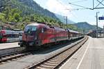 Ausfahrt am Mittag des 30.06.2018 von 1116 152 mit ihrem RailJet 660 (Wien Flughafen - Bregenz) von Gleis 4 vom Bahnhof Feldkirch in Richtung Zielbahnhof, welcher nur noch wenige Kilometer entfernt war.