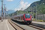 Nachschuss auf RailJet-Steuerwagen 80-90.735, als dieser am 30.06.2018 mit der Zuglok 1116 152 als RJ 660 (Wien Flughafen - Bregenz) aus dem Bahnhof von Feldkirch gen Zielbahnhof fuhr.