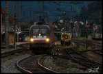 Beim wirklich Allerletzten Licht ziehen 182.573 und 182.574 den 42189 durch den Bahnhof Knittelfeld 10.08.2016