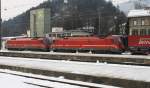 541 020-8 und 541 009-1 der Slovenischen Staatsbahn wartet am 2.2.2012 im Bahnhof Kufstein mit einem Winnerzug auf die Ausfahrt Richtung Brenner nach Italien.