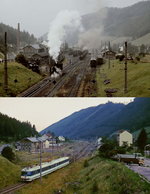 Bilder von der ÖBB einst und jetzt: Zwischen den beiden Aufnahmen des Bahnhofes Vordernberg liegen 22 Jahre. Auf dem oberen Bild, das an einem regnerischen Augusttag 1975 entstand, rangiert im Vordergrund eine 197, im Hintergrund sind eine 97 vor einem Erzleerzug und ein 5081 zu erkennen, fast alle Gleise sind belegt, links sind einige ausgemusterte Lokomotiven der Reihe 97 abgestellt. Auf dem unteren Bild verlässt 4030 229-1 den bereits stark zurückgebauten Bahnhof Vordernberg in Richtung Vordernberg Markt. Da der Personenverkehr von Leoben nach Vordernberg Markt schon 2001 eingestellt worden ist, handelt es sich bei diesem Vergleich eigentlich um eine  Vorgestern und Gestern -Aufnahme...