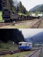 Einst und jetzt im Bahnhof Präbichl: Auf dem oberen Bild verlassen 97.201 und eine weitere nicht sichtbare 97 im Juni 1974 den Bahnhof in Richtung Vordernberg, auf dem unteren Foto fährt