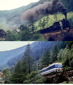 Bilder von der ÖBB einst und jetzt: Oben überquert eine 97 mit einem Erzleerzug im Juni 1974 den Vordernbergbachviadukt, unten wurde 4030 229-1 im August 1997 an der gleichen Stelle