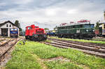 RBAHN 2163 062-5, ÖGEG 2050.05, BIF 2062 053-1 und ARGE 1041.15 stehen am 6.8.2017 im Mistelbacher Lokalbahnhof.