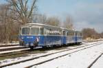 In Hagenow stehen die Triebwagen der WEMEG nach ihrer berfhrung von Augsburg im Schnee. Triebwagennummer 6581.054 ehemals Staudenbahn. 26.03.2008