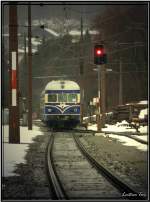 Nachschu auf den Triebwagen VT 5145.011 der als Sonderzug von Wien nach Schladming zum Nachtslalom der Herren fhrt.
Liezen 22.1.2008