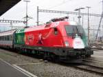 Die 1016 025  EM-Portugal  steht am 05.04.08 in Buchs/SG mit dem EC Voralberg nach Innsbruck, Salzburg bis nach Wien.