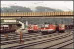 Loktreffen in Kufstein. Links wartet eine 1016 mit einen Rolazug, in der Mitte wartet die 1144 214 mit einen Containerzug und rechts wartet ebenfals eine 1016 mit ihren Gterzug auf die Ausfahrt. Fotografiert im Sommer 2005.
