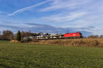 1016 007 fährt mit einem Autozug bei Großkarolinenfeld in Richtung Salzburg, aufgenommen am 13. Dezember 2016.