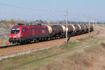 1116 121 legt sich kurz vor dem Bahnhof in Tullnerfeld mit einem Kesselwagenganzzug in die Kurve. Das Foto enstand am 28.03.2017.