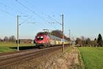 ÖBB 1116 057 mit ARS-Altmann-Autotransportzug in Richtung Osnabrück (zwischen Melle und Bruchmühlen, 15.02.19).