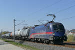 16. April 2019, Die NightJet-Lok 1116 195 der ÖBB besorgt im Tagdienst den Sprit für die straßengebundene Konkurrenz. Foto bei Küps, Fahrtrichtung Saalfeld -(Leuna?).