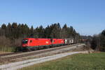 1116 067 und 1116 061 mit einem gemischten Güterzug aus Salzburg kommend am 7. Februar 2023 bei Sosssau.