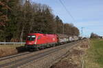 1116 125 war mit einem gemischten Güterzug am 21. Februar 2024 bei Hufschlag in Richtung Rosenheim unterwegs.