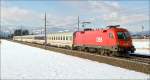 1116 055 fhrt mit EC 102  Polonia  von Villach nach Warschau.
Zeltweg 7.2.2010