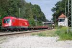 1116 180-9 mit einem gemischten Gterzug, bei der Durchfahrt durch den Bahnhof Aling, 23.08.2010.