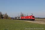 1116 031-6 (ÖBB) und 1116 029-0 mit einem Sattelaufliegerzug in Ostermünchen, 28.