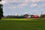 Licht und Schatten wechselten rasch, als dieser Containerganzzug kurz nach Himberg in Fahrtrichtung Osten unterwegs war. Die Aufnahme entstand am 10.08.2014.