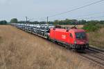 1116 181  Hanspeter  fährt mit einem Autozug kurz vor Gramatneusiedl in Richtung Osten.