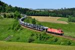 Am frühen Nachmittag des 06. Juni 2015 fuhr dann der als Sonderleistung eingelegte Neuwagen-Transport über die Summerauer Bahn in Richtung Linz. Das Ladegut verrät den ungewöhnlichen Laufweg des Zuges. Die VW Passat wurden im Werk Emden produziert und nahmen den Weg über Ostdeutschland und die Tschechische Republik nach Österreich. Am Semmelhof in Freudenthal konnte der fotogene Ganzzug abgelichtet werden, Zuglok war 1116.105.