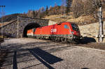 1116 056-3  Mohlibert  und 1144 044-5 tauchen mit ihrem Güterzug aus dem Ochenigtunnel, bei Obervellach, auf.
Aufgenommen am 15.2.2017.