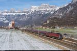 ÖBB 1116 209 mit RailJet Zürich HB - Budapest Keleti am 9. Januar 2021 bei Flums.