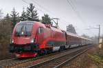 Der BB-Railjet mit 1116 204 & 80-90 704 (Spirit of Austria) auch heute wieder auf sterreich-Schulungsrundfahrt SPROB 93254. Aufgenommen am 12.11.2008 um 08:18 zwischen Pressbaum und Drrwien.