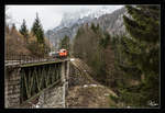 1141.21 der ÖGEG fährt mit dem SR 14486 von Eisenerz nach Admont durch das Gesäuse und das Erzbachtal. 
Ennsbrücke Krumau 17.03.2018