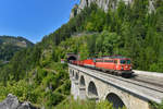 1142 567 + 1144 118 mit einem Güterzug am 26.08.2017 bei Breitenstein.