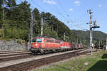 Am vorletzten Tag,den 9.9.17 vor der dreiwöchigen Streckensperre der Semmeringbahn,durchfahren 1142.567+1144.034 mit G-55507 den Bhf.Payerbach-R.