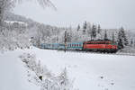 1142.564 durchfährt mit EC-151 die frisch verschneite Hst.Wolfsbergkogel am 2.2.18