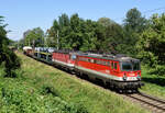 Recht eigentümlich mag einem auf dem ersten Blick ein E-Lok Tandem vor einem Güterzug bestehend aus drei Wagen erscheinen. Tatsächlich machten die 1142 667 und die 1144 273 am 04. August 2022 vor dem 44453 Sinn, da die 44er einen außerplanmäßigen Kesselzug und die Vorspannlok nach ihrer Ankunft im Grenzbahnhof Spielfeld-Straß den Gegenzug 44452 übernahm.