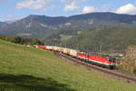 1144.210+1142.634 fahren mit dem Hackschnitzel-GAG-53513 bei der Apfelwiese mit dem Schneeberg im Hintergrund am Eichberg bergwärts.