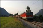 Meine Lieblingsbaureihe ist fr TXL unterwegs. Die Innsbrucker 1144 215 (9181 1144 215-1) hat den  ARCESE-Express  am Haken. Und ist bei Niederaudorf nach Kufstein unterwges. (01.08.2009)