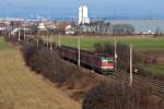 1144 062, unterwegs mit einem kurzen Güterzug in Richtung Gramatneusiedl. Himberg, am 28.12.2013.