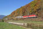 Bei herrlichster Herbststimmung fahren 1144.104+090 mit G-54076 den Schwarza-Kanal bei Schlöglmühl entlang. 31.10.15