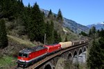 1144.201 und 1016.035 auf dem Hundsdorfer-Viadukt bei Bad Hofgastein mit einem gemischten Güterzug. Mutmaßliche Zugnummer: G 91501. Datum: 25. April 2013.